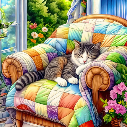 Cat lounging on a colorful quilted chair with a garden view fabric panel