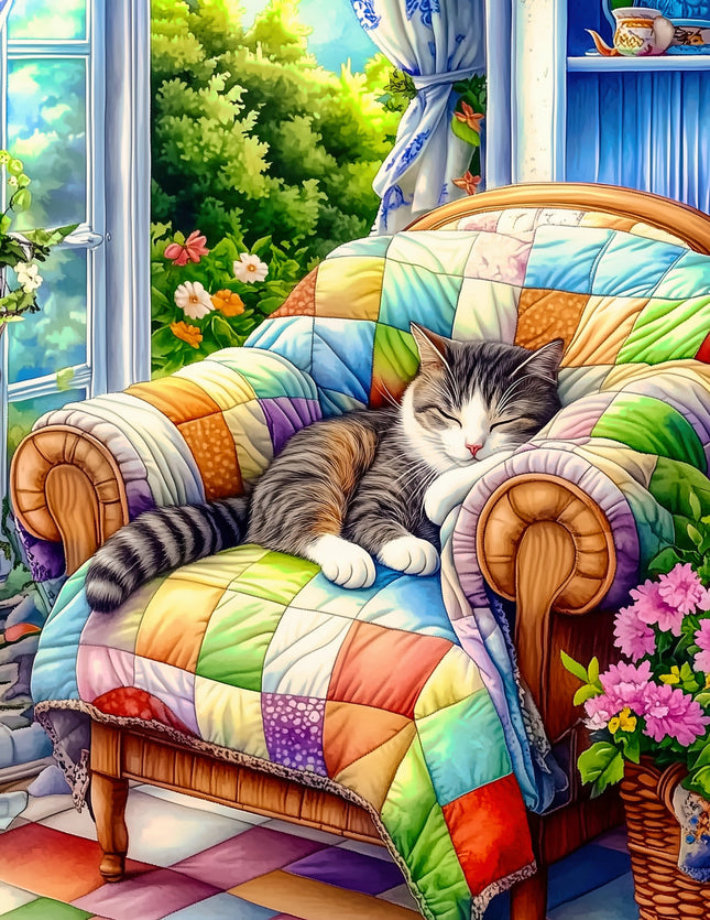 Cat lounging on a colorful quilted chair with a garden view fabric panel
