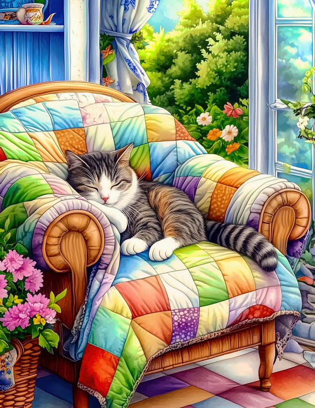 Cat lounging on a colorful quilted armchair with a garden view fabric panel