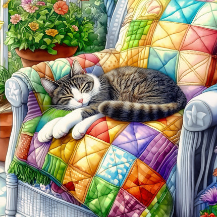 Cat sleeping on a colorful quilted chair with flowers in the background fabric panel