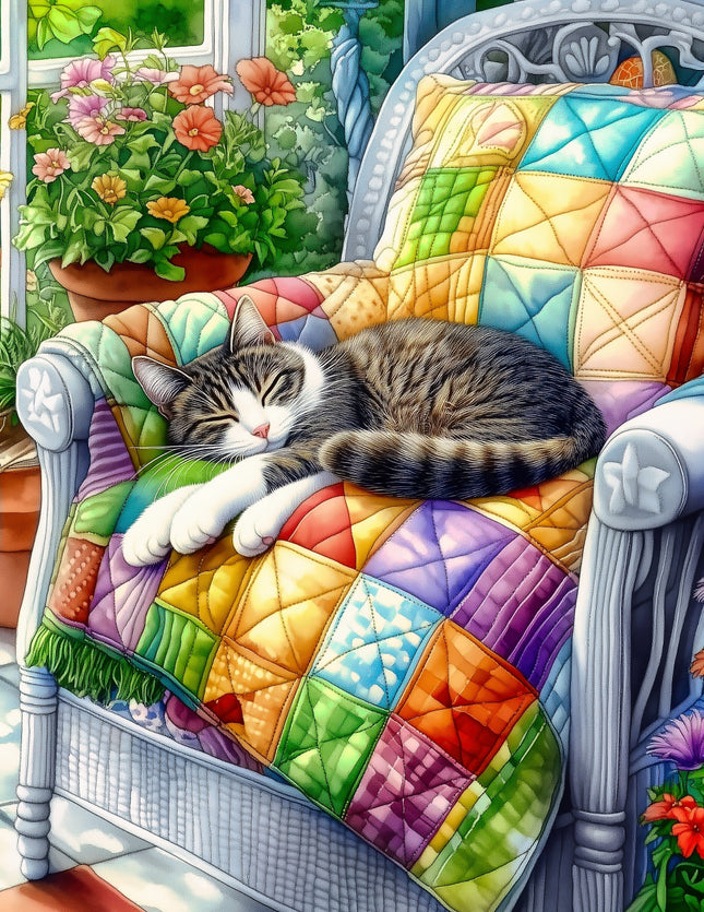 Cat sleeping on a colorful quilted chair with flowers in the background fabric panel