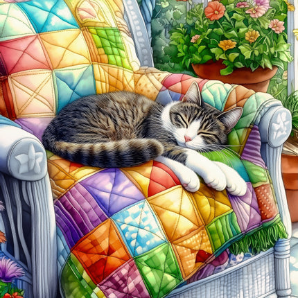 Cat sleeping on a colorful quilted chair with flowers in the background fabric panel