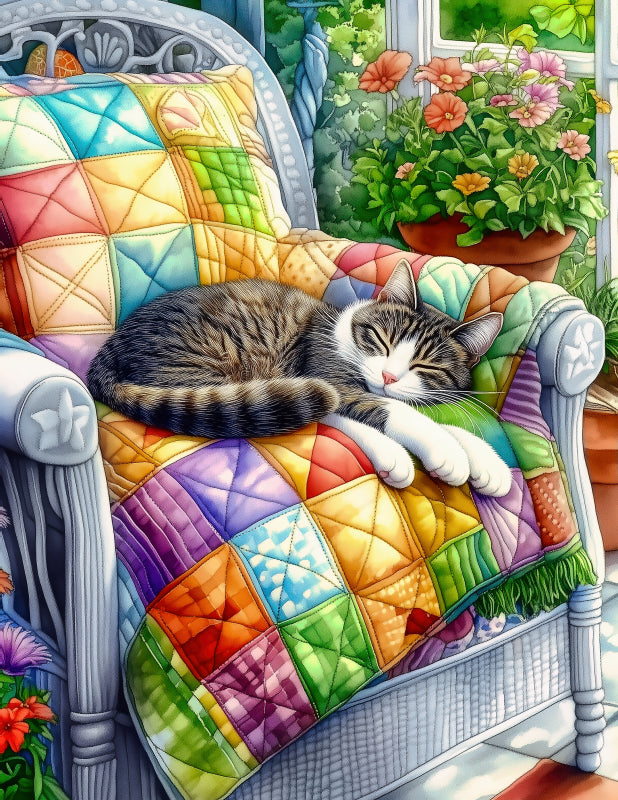 Cat sleeping on a colorful quilted chair with flowers in the background fabric panel