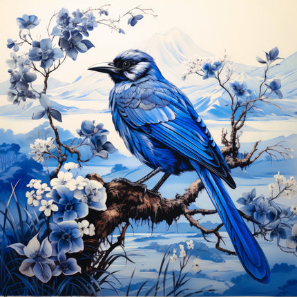 Blue bird perched on a branch with blue and white flowers fabric panel