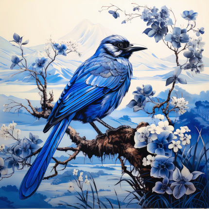 Blue bird perched on a branch with blue and white flowers quilt panel