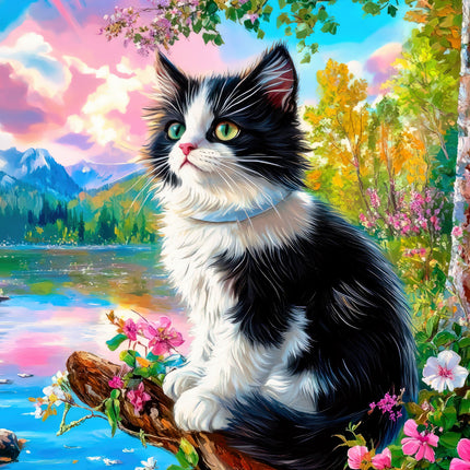 Black and white cat sitting on a log with a colorful landscape quilt panel