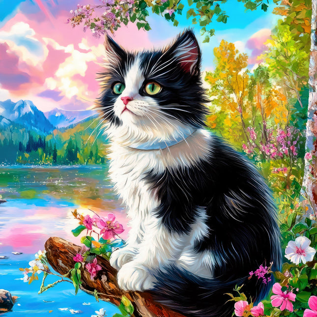 Black and white cat sitting on a log with a colorful landscape quilt panel