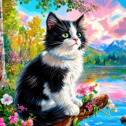 Painting of a black and white cat sitting on a log with a colorful landscape in the background quilt panel