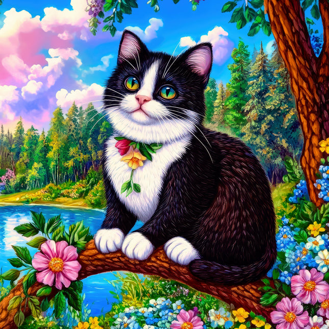 Black and white cat with a flower collar in a colorful forest setting fabric panel