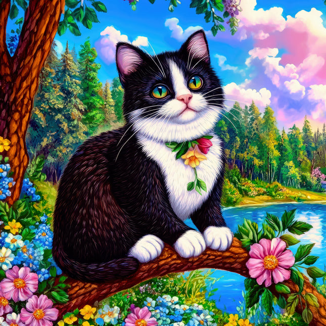 Black and white cat with a flower collar in a colorful forest setting quilt panel