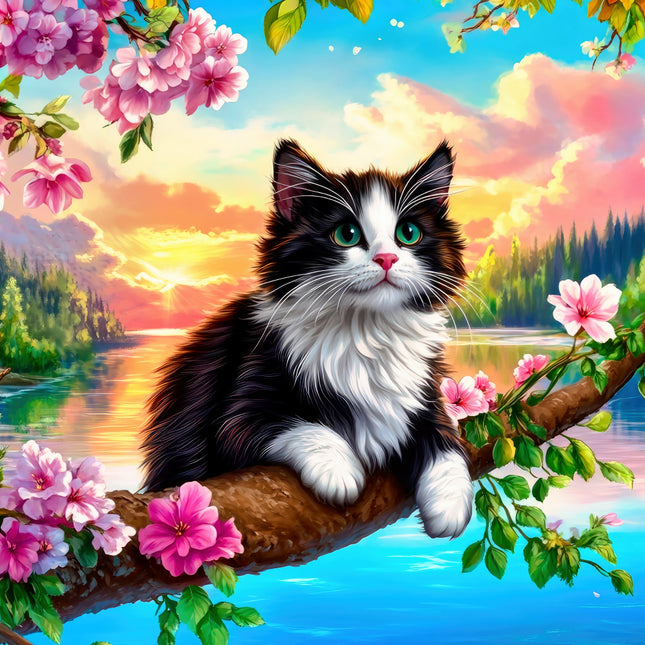 tuxedo cat sitting on a branch with flowers fabric panel