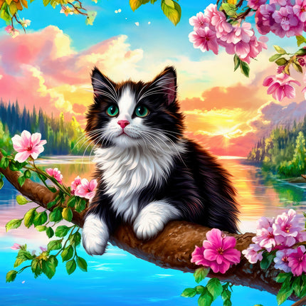 Cat sitting on a branch with flowers and a scenic background quilt panel