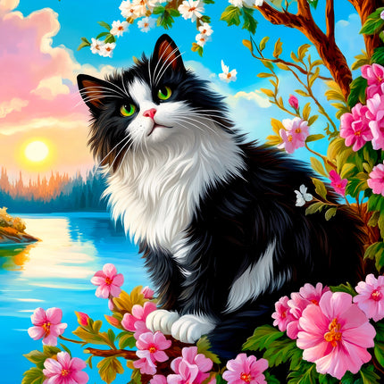 Black and white cat in fabric panel