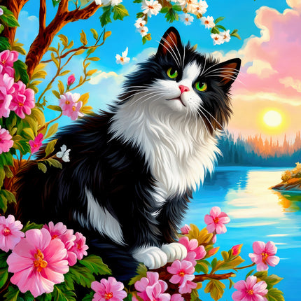 Black and white cat in a scenic setting with flowers and a lake quilt panel