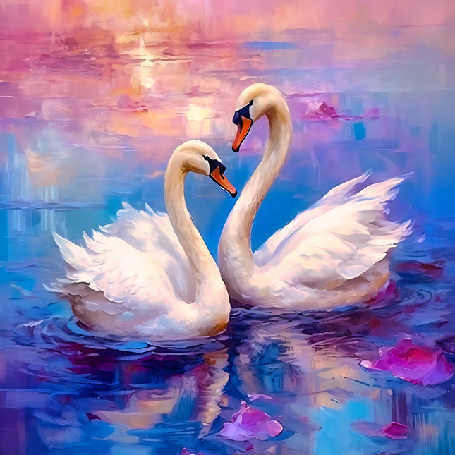 Two swans swimming in a pond fabric panel