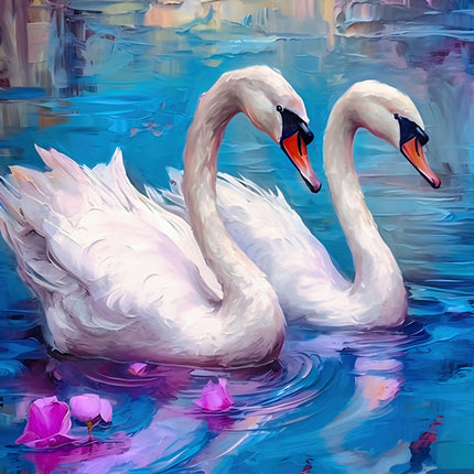 Two swans swimming in water with pink flowers fabric panel
