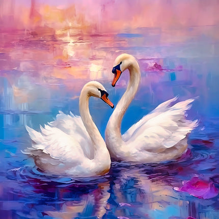 Two swans swimming on a colorful water surface fabric panel