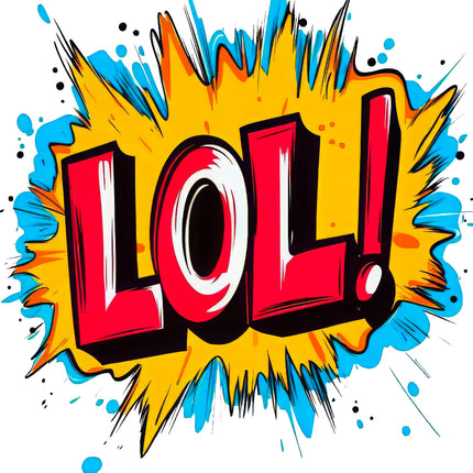 Colorful comic-style 'LOL!' text with blue and yellow background quilt block