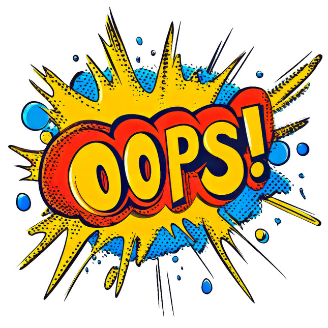 Colorful 'OOPS!' graphic with comic book style explosion fabric panel