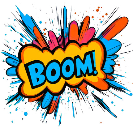 Colorful 'BOOM!' graphic with dynamic lines and splashes fabric panel