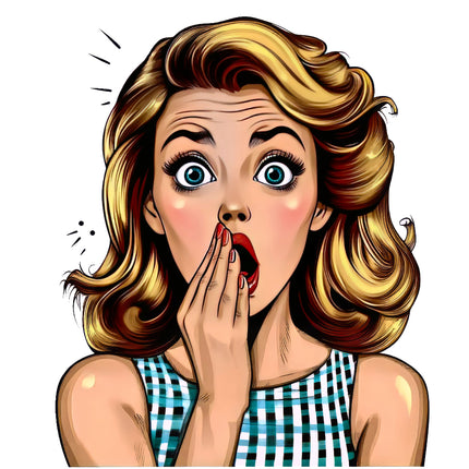 fabric panel of a woman with a surprised expression, hand on mouth, wearing a checkered dress.