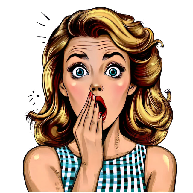 fabric panel of a woman with a surprised expression, hand on mouth, wearing a checkered dress.