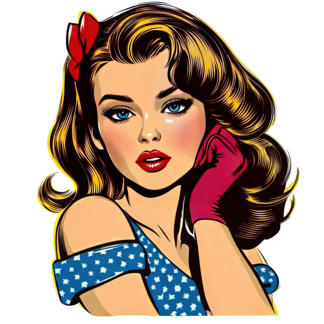 Illustration of a woman with a red bow and blue polka dot dress fabric panel