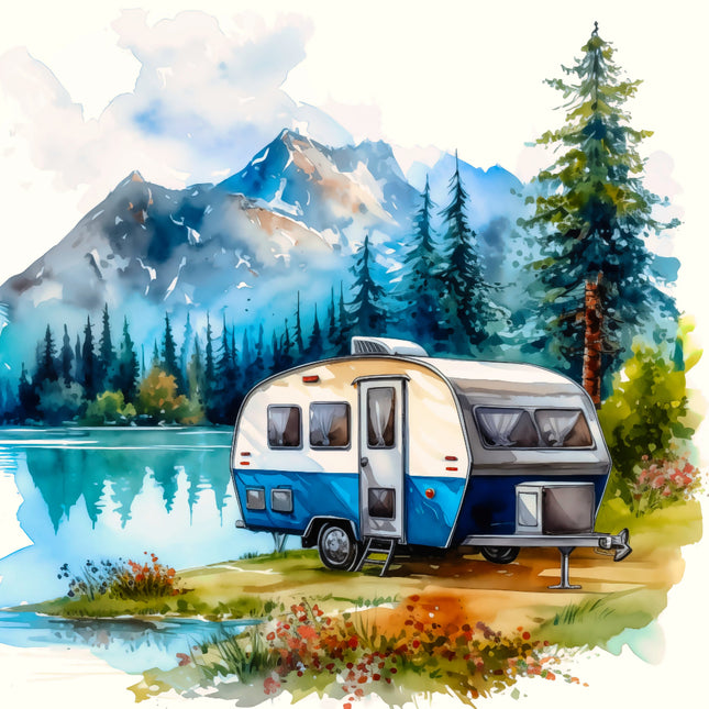 Camping trailer by a lake FABRIC PANEL