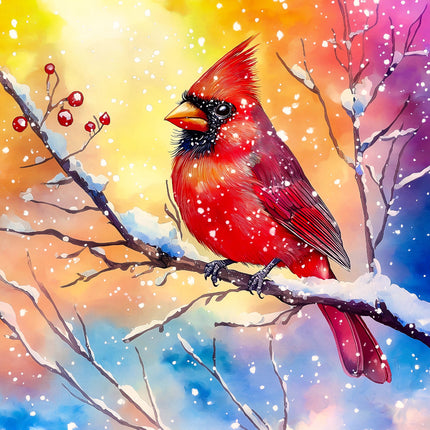 Red cardinal bird on a branch with colorful winter background fabric panel