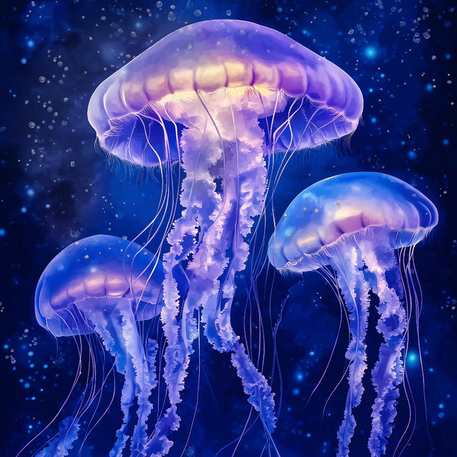 Three jellyfish with a starry night sky background fabric panel