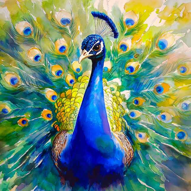 Colorful painting of a peacock with vibrant blue and green feathers fabric panel