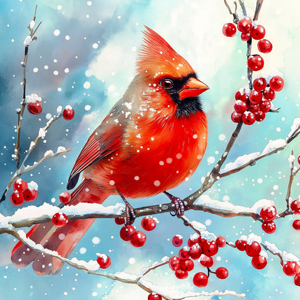 Red cardinal bird perched on a branch with red berries fabric panel