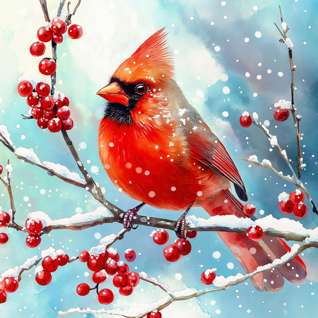 Red cardinal bird perched on a branch with red berries fabric panel