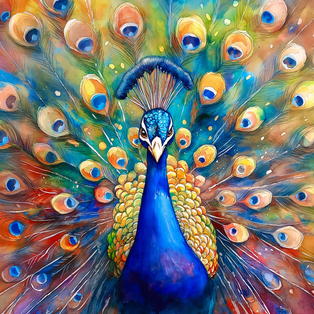 Colorful painting of a peacock with vibrant feathers
