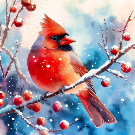 Red cardinal bird perched on a branch with snow and berries fabric panel