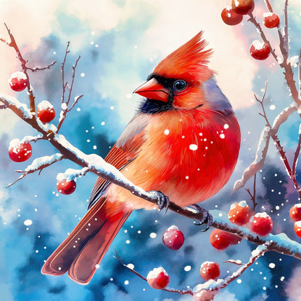 Red cardinal bird perched on a branch with snow and berries fabric panel