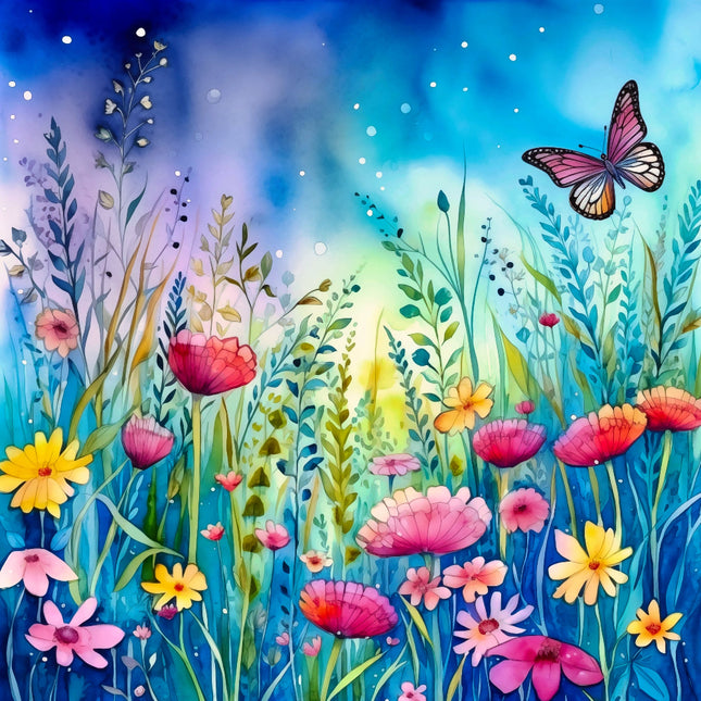 Colorful illustration of a garden with flowers and a butterfly against a starry night sky quilt panel