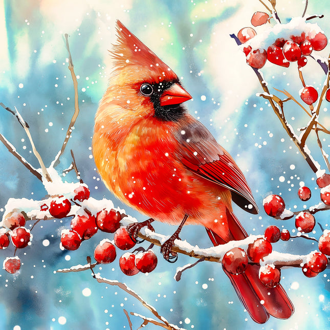 Red cardinal bird perched on a branch with red berries against a snowy background fabric panel