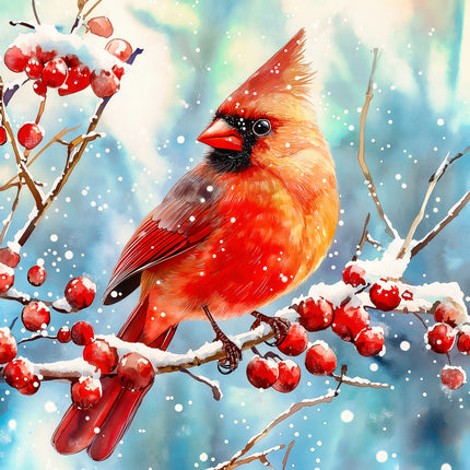 Red cardinal bird perched on a branch with red berries against a snowy background fabric panel