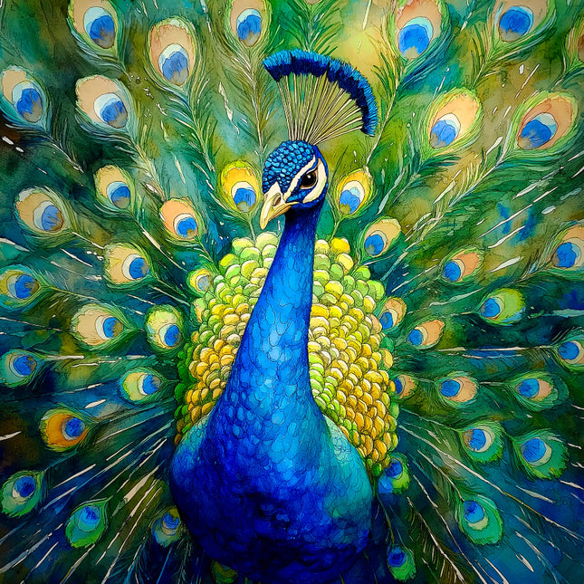 Close-up of a peacock with vibrant blue and green feathers fabric panel