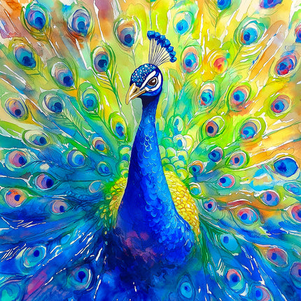 Colorful painting of a peacock with vibrant feathers fabric panel