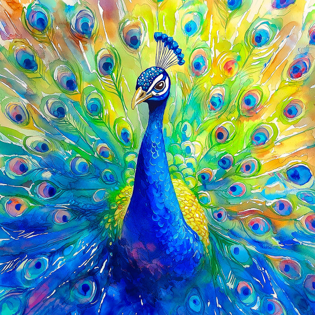 Colorful painting of a peacock with vibrant feathers fabric panel