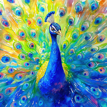 Colorful painting of a peacock with vibrant blue, green, and yellow feathers fabric panel