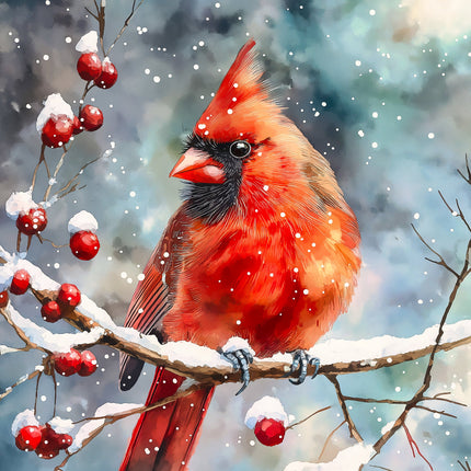 Red cardinal bird perched on a branch with snow and berries in a winter scene quilt panel