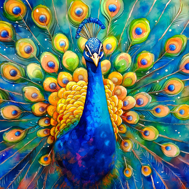 Colorful painting of a peacock with vibrant blue, green, and yellow feathers fabric panel