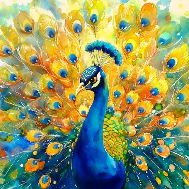 Colorful painting of a peacock with vibrant blue and yellow feathers fabric panel