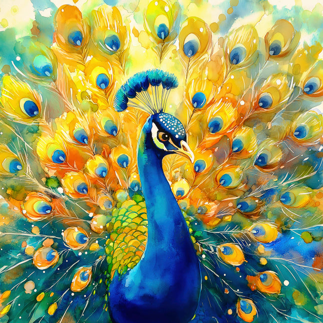 Colorful painting of a peacock with vibrant blue and yellow feathers fabric panel