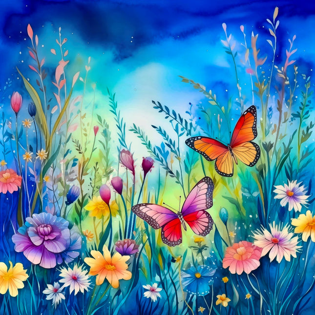 Colorful butterflies and flowers in a garden setting fabric panel