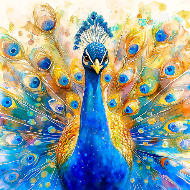 Colorful painting of a peacock with vibrant blue and yellow feathers fabric panel