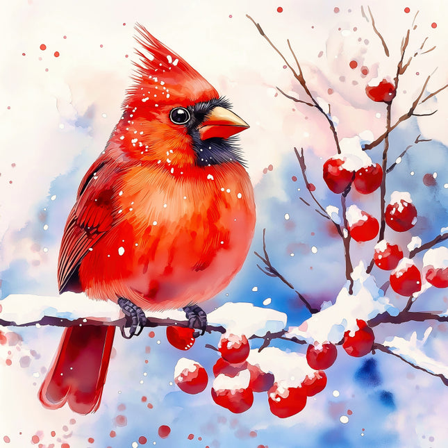 Red cardinal bird on a branch with snow and berries in a winter scene fabric panel